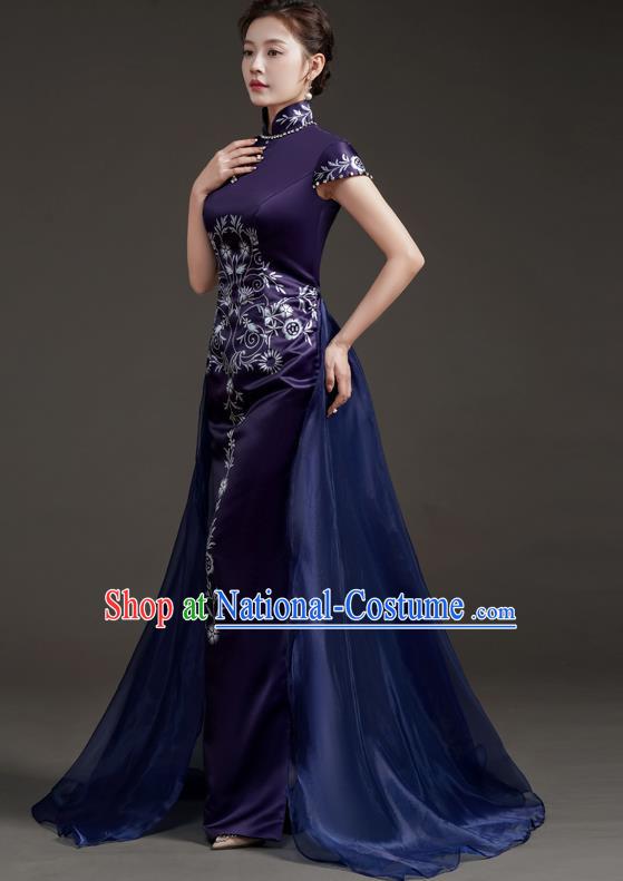 Chinese High End Improved Cheongsam Extended Model Team Catwalk Stage Folk Music Performance Clothing Printing