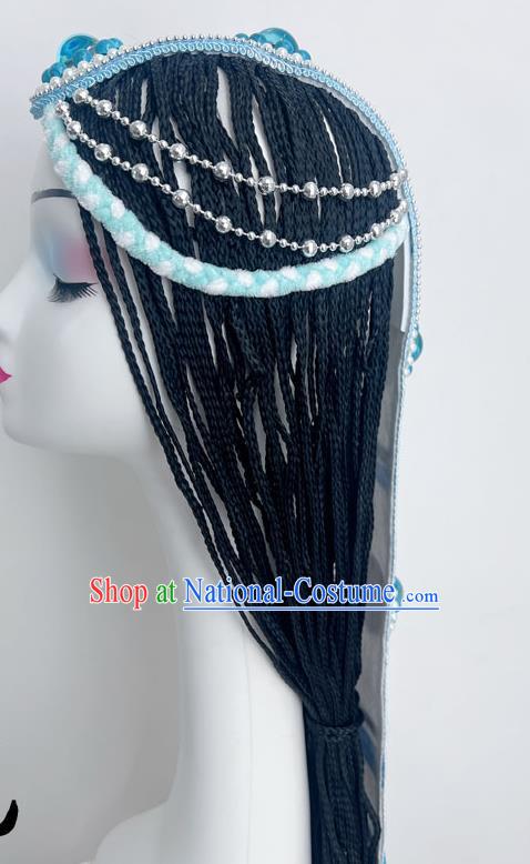 Tibetan Dance Headdress Tianyu Hair Ornament Long Debate Handmade Blue Jewelry Wig National Art Test Headdress