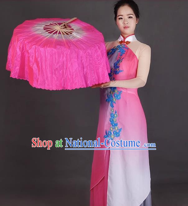 China Women Group Dancing Folding Fan Handmade Megenta Pure Silk Fan Jiaozhou Yangko Dance Circular Fan