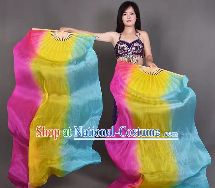 Top Classical Dance Colorful Fan Belly Dance Fan Handmade Pure Silk Long Ribbon Fan